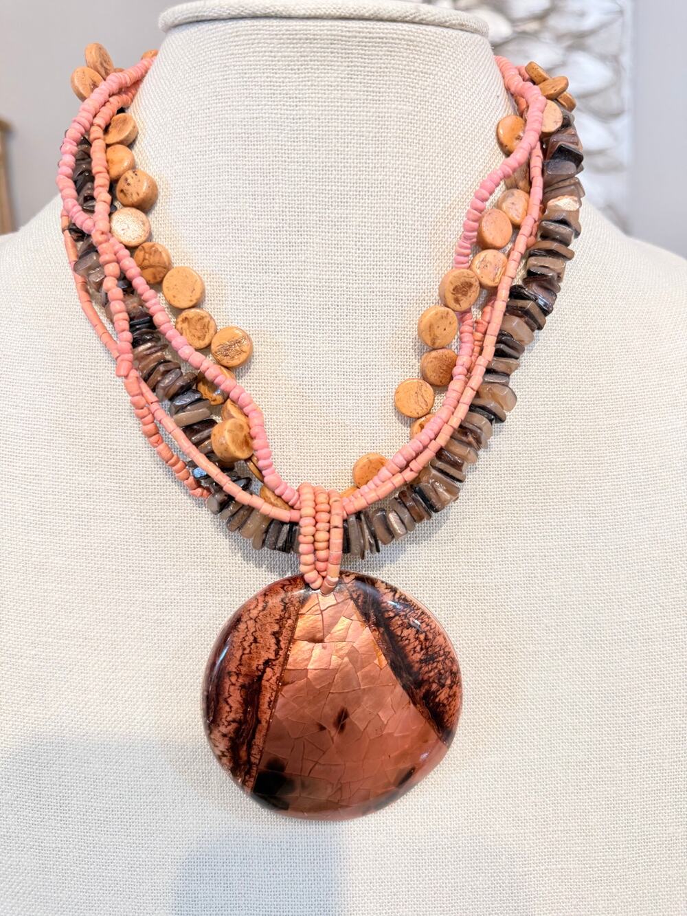 Multi Strand Stone Shell & Wood Pendant Necklace Boho 17"